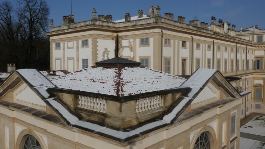 Aerial footage drone view of Villa Reale Monza, lombarida Italy // // no video editing