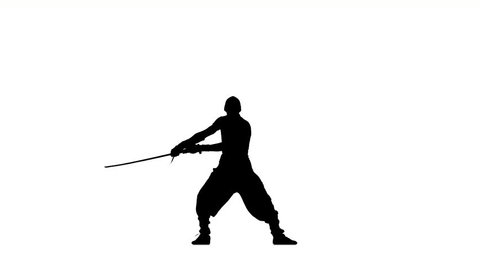 Silhouette of man with sword on white background, martial arts, waving a sword. silhouette, ninja style
