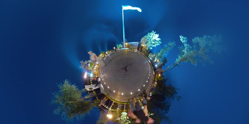 Little Planet, timelapse of square on which people walk and the biggest background of Ukraine