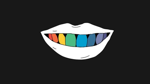 2d animation rainbow teeth. Smile and kiss lip. Pre-rendered with alpha channel in a QuickTime(PNG) with 4K resolution. Hand Drawn colorful teeth in mouth. For dentist, lgbt, tv and digital graphics