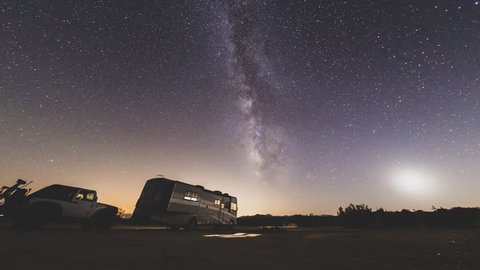 CALIFORNIA, USA -September 03, 2018- RV camping under the stars in the middle of the desert of Dove Springs, California