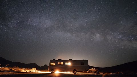DEATH VALLEY, USA -September 03, 2018- RV camping under the stars in the middle of Death Valley National Park Desert, California.