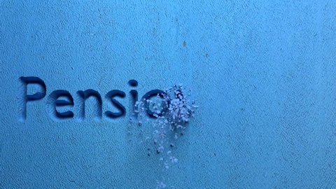animation of Pension plan word carved in a blue stone wall