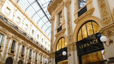 MILAN, ITALY - CIRCA MAY 2018: Shopping in the city. Galleria Vittorio Emanuele shopping mall, expensive brand boutiques, commerce