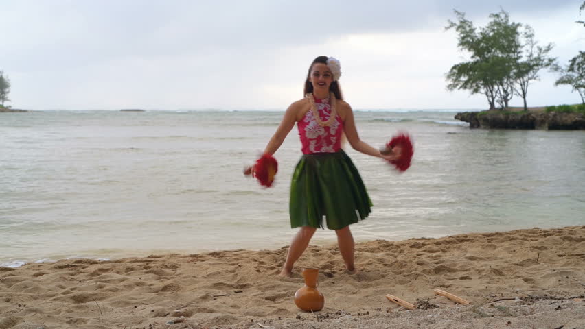 Hawaii hula dancer in costume dancing at island 4k