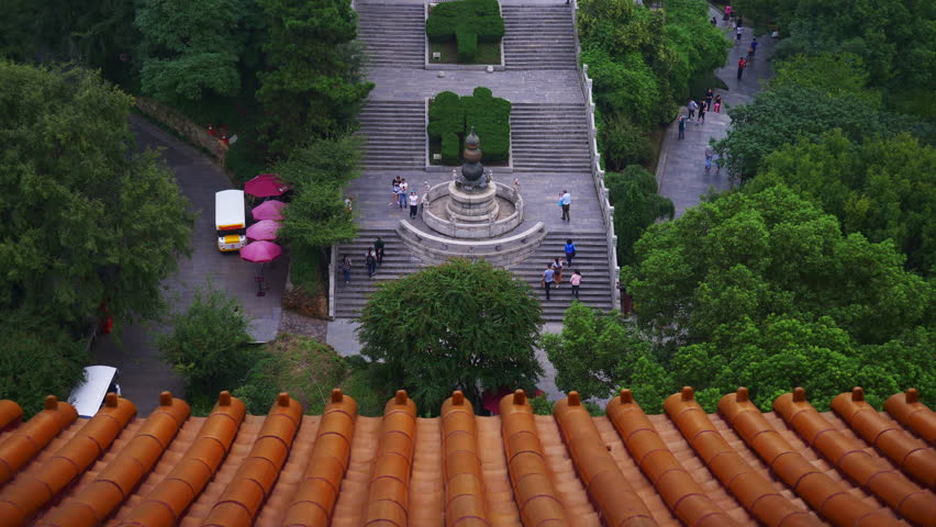 foggy day wuhan city most famous temple rooftop stairs panorama 4k china