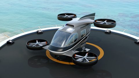 Passenger Drone Taxi parking on helipad.  3D rendering animation.