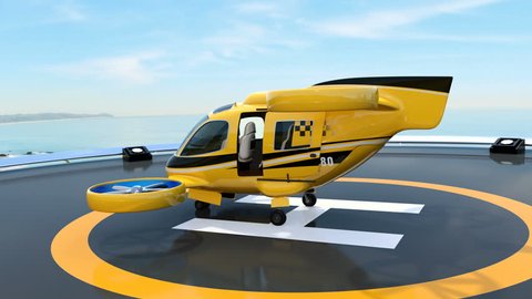 Orange Passenger Drone Taxi takeoff from helipad on the roof of a skyscraper. 3D rendering animation.