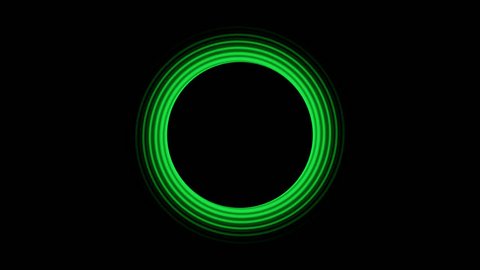 Glowing green light rings spiral fading from a black center circle with a black background in a CGI high definition motion video clip
