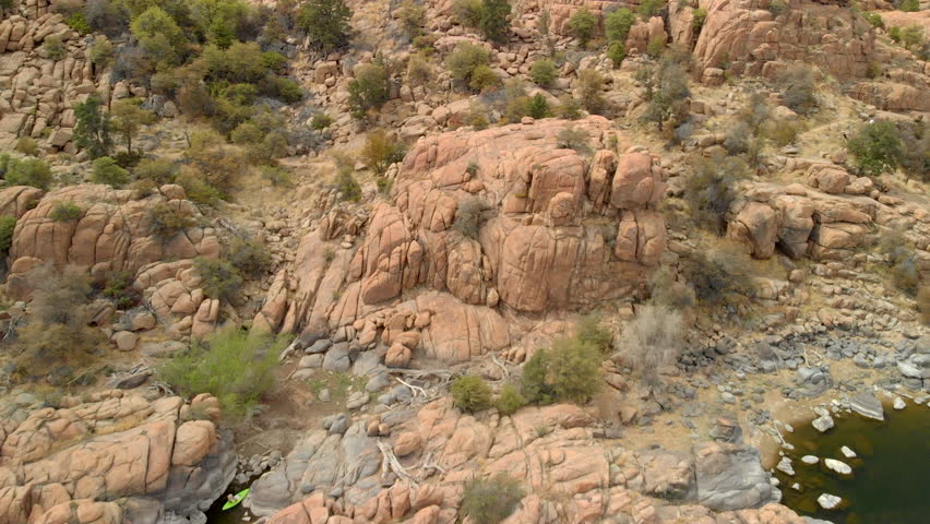 Aerial view of granite dell rock formation surrounding watson lake
