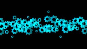 Abstract transparent engineering gear moving pattern, teamwork system concept design illustration blue color on black background seamless looping animation 4K, with copy space