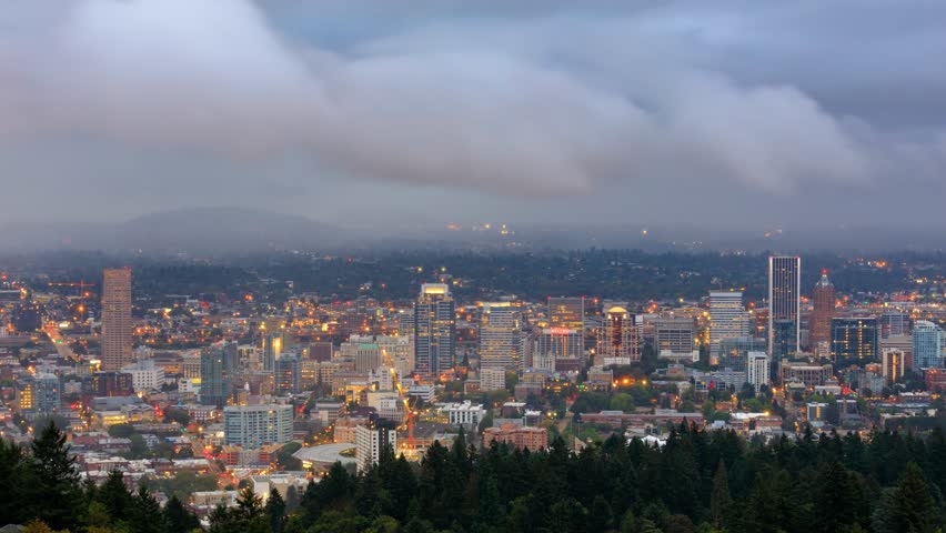 Sunrise View of Portland, Oregon from Pittock Mansion Royalty-Free Stock Footage #1016179537