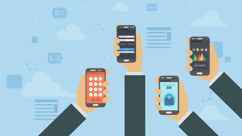 Hands holding phones isometric design, online shopping app with icons, online education, infographic