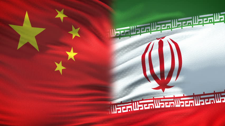 China and Iran handshake, international friendship relation, flag background