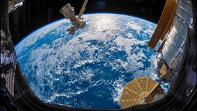 JUNE 2018: Planet Earth seen from the International Space Station with blue seas and clouds over the earth, Time Lapse. Prores Full HD 1080p. Images courtesy of NASA Johnson Space Center
