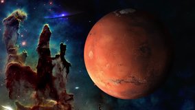 Outer space. Mars rotating near the pillar of creation. Motion 4K video footage. Elements of this image furnished by NASA