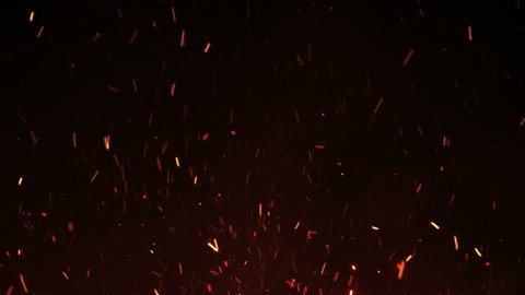 Beautiful Burning Hot Sparks Rising from Large Fire in Night Sky. Abstract Isolated Fire Glowing Particles on Black Background Flying Up. Looped 3d Animation. Moving Up. 4k Ultra HD 3840x2160.