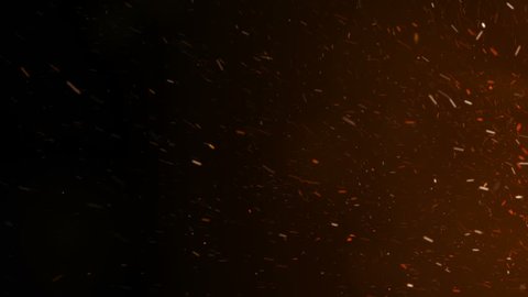 Burning Hot Sparks Rising from Large Fire in Night Sky. Side Movement. Abstract Isolated Fire Glowing Particles on Black Background Slow Motion. Looped 3d Animation. 4k Ultra HD 3840x2160.