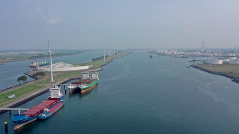 Aerial Timelapse of Ships, Ferries and Vessels Using the Port of Rotterdam Canals