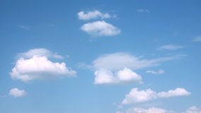 Time lapse white clouds formating, blue soft sky background, clear sunny weather. Beautiful panoramic horizon footage, REAL, NOT CG.