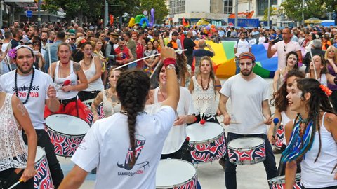 Torremolinos, Spain. Circa June 2018. Group of batucada street drummers in the gay pride parade