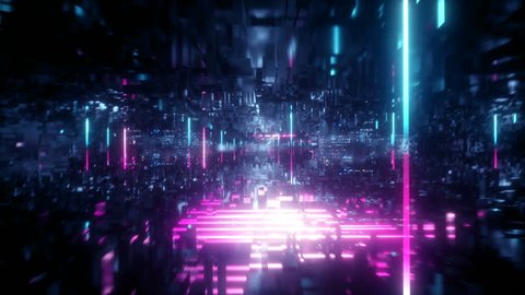 3d render, abstract urban virtual reality tunnel. Futuristic motion graphic. Ultra violet neon light glow. Camera spinning around. Drone fast flying forward. Loop at 2K resolution.