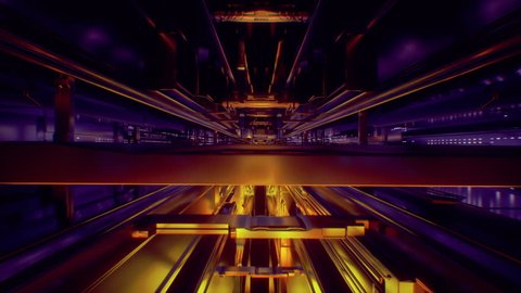 3d render, abstract urban background. Futuristic virtual reality motion graphic. Ultraviolet and orange neon light glow, geometric construction. Drone fly away. Loop at 2K resolution.