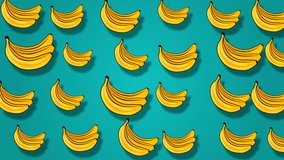 Colorful fruit pattern of fresh yellow bananas on blue background. 4k video.