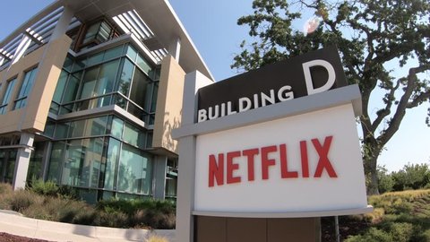 Los Gatos, California, United States - August 12, 2018: Netflix sign at Netflix Headquarters in Silicon Valley, Ca. Netflix is an entertainment service provider for movies and tv.