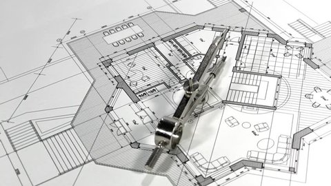 Architectural Blueprints - architectural plan of a modern house and compass smoothly rotate / seamless looping	