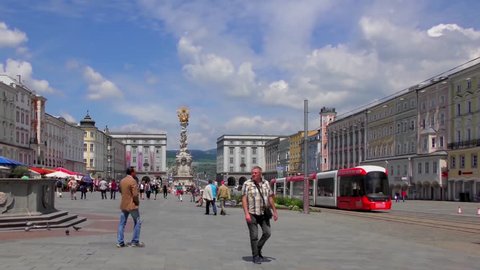 LINZ, AUSTRIA - JUNE 25, 2015: 4K footage of the historical Hauptplatz (Main Square) on 25 June, 2015 in Linz, Austria. Linz is the third-largest city of Austria and capital of the state of Upper Aust