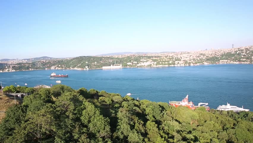 Drone aerial view of the istanbul ship, mosque and bridge 