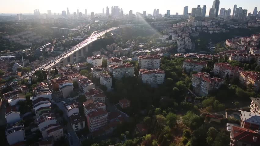 Drone aerial view of the istanbul ship, mosque and bridge 