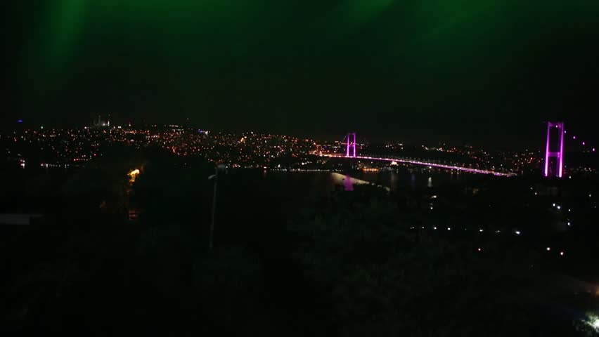 Drone aerial view of the istanbul ship, mosque and bridge 