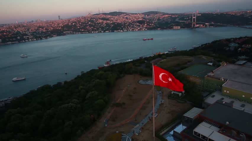 Drone aerial view of the istanbul ship, mosque and bridge 