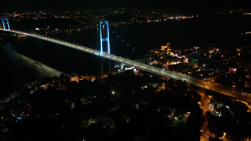 Drone aerial view of the istanbul ship, mosque and bridge 