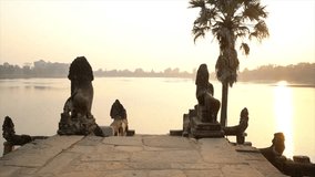 Slow motion shot of young woman running towards temples terrace by the lake at sunrise. People travel destinations discovery concept 
