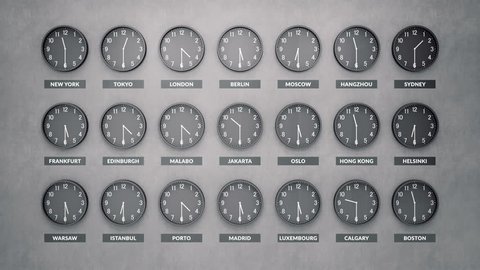 Many round clocks are going and showing different time for different cities around the world. Clock face timelapse 3d cgi 60fps 4K animation.