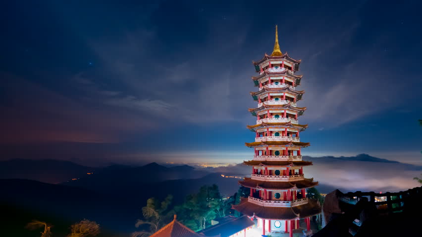 Pagoda in chin swee caves temple in genting highlands. 4,600 feet above sea  level and one of the main tourist attractions in malaysia. 4k prores time  lapse on the night.