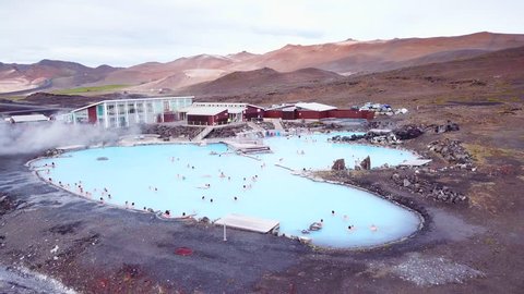 ICELAND - CIRCA 2018 - An aerial over a public thermal bath spa in Iceland, near Myvatn. Editorial use only.