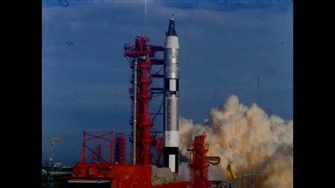 CIRCA 1960s - A Project Gemini rocket lifts off from Launch Complex 19 at Cape Kennedy Air Force Station in Florida and a spacecraft orbits the earth.