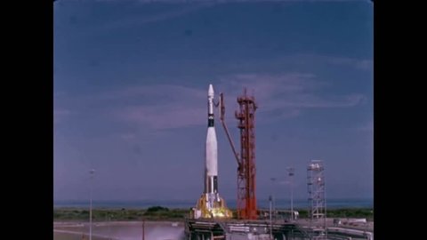 CIRCA 1960s - A Project Gemini rocket lifts off from Launch Complex 19 at Cape Kennedy Air Force Station in Florida and astronauts are shown.