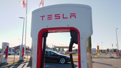 Lillehammer, Norway, July 2018: Branded charging station for electric vehicles Tesla