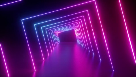 3d render, abstract geometric background, fluorescent ultraviolet light, glowing neon lines rotating tunnel, blue red pink purple spectrum, spinning around, modern colorful illumination, 4k animation