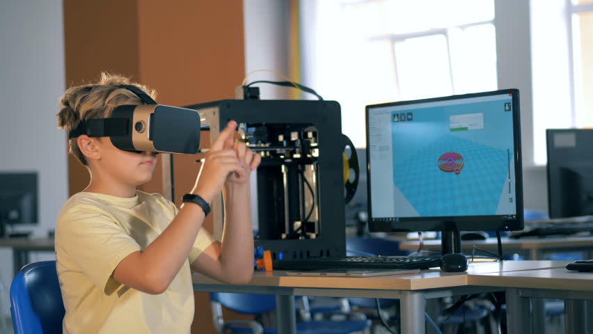 Futuristic education concept. Boy in virtual reality glasses studing science.