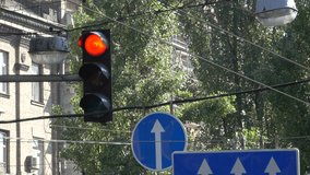The traffic light regulates the movement of cars and pedestrians in the city of Kiev, Ukraine, September 2018