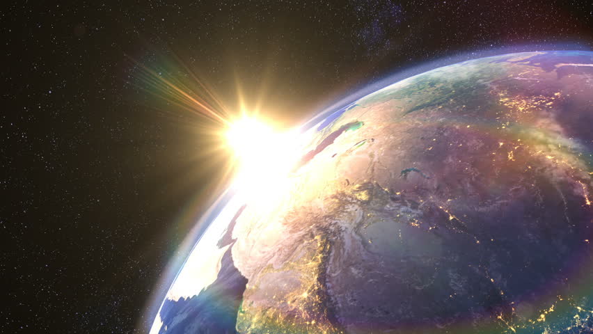 Sunrise over the earth. Planet rotation 360 degrees view from space. Realistic 3D animation of Earth with the Sun. Looped animation. 4K footage