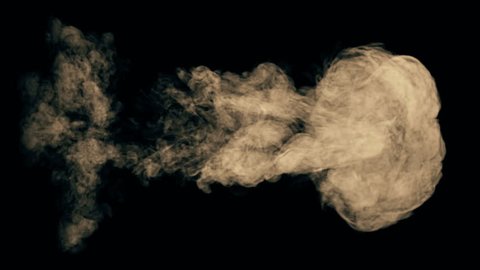 Realistic isolated fiery explosion on black background with alpha matte channel. Large blast with smoke puffs and trails. 3D animation VFX element of massive particle fireball. 4k ultra HD. 30 FPS