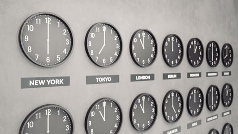 Round clocks show time in different cities on white dark concrete wall. Symbol for Greenwich Mean Time. Clock face timelapse 60fps 4K animation.