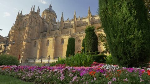 Salamanca, Spain. Gimbal shot of New Cathedral Catedral Nueva of Salamanca. 4K, UHD
